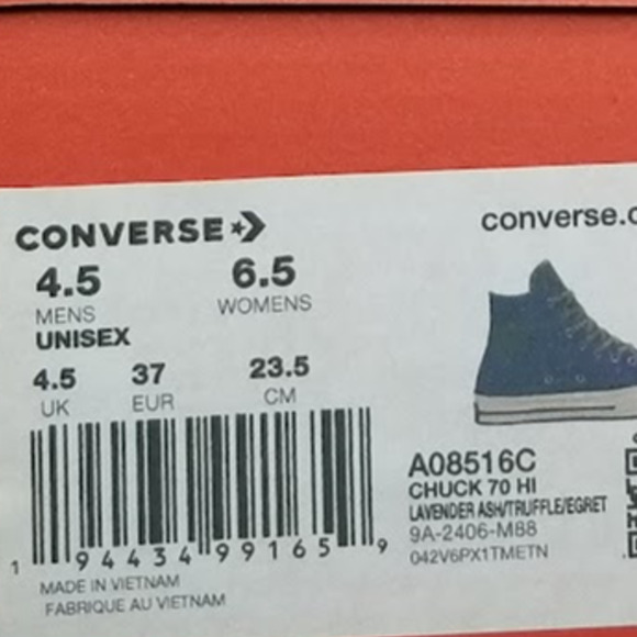 Converse Unisex Women's Chuck 70 Hi Tops Women Size 6.5 Lavender A08516C NWT - Picture 9 of 9